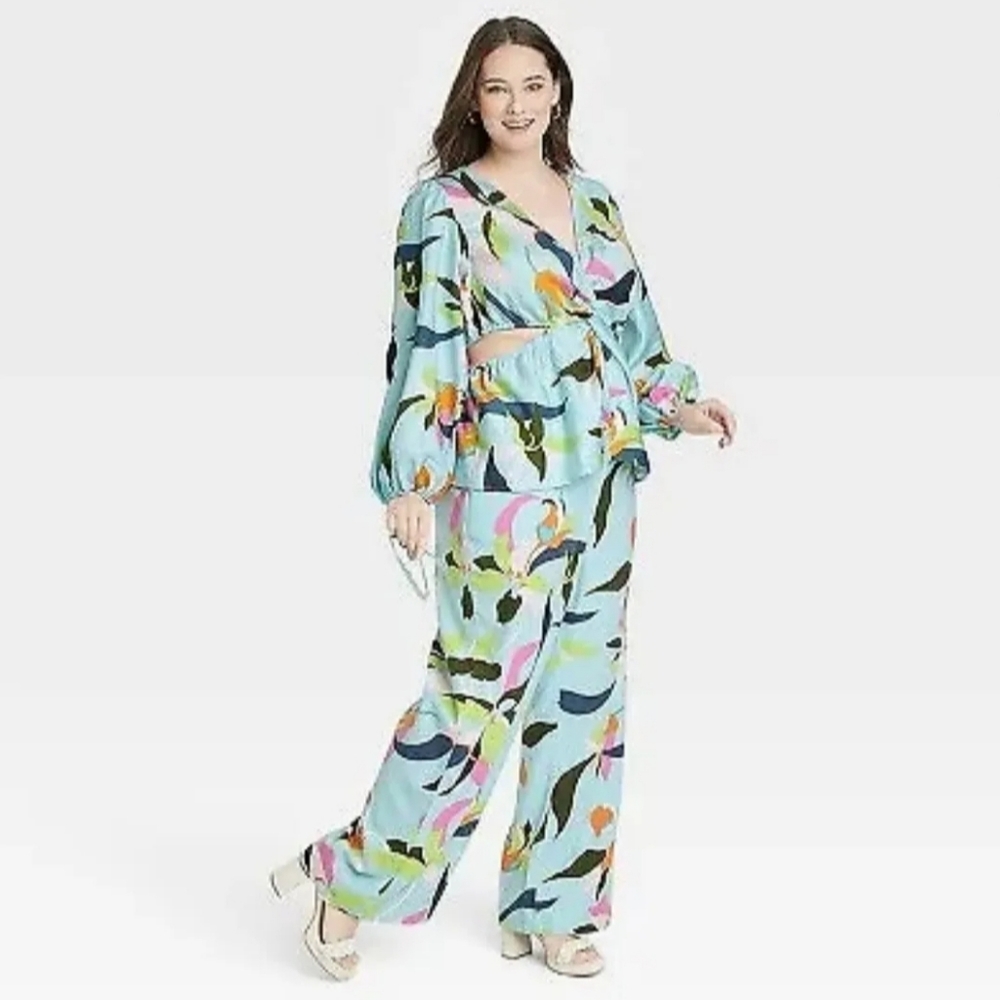 a new day Women's Blue Abstract Wide Leg Jumpsuit